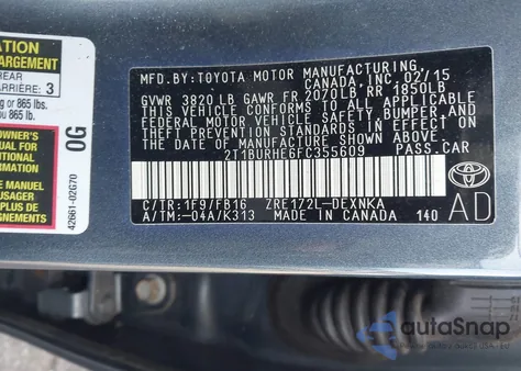2015 Toyota Corolla Le from USA, damaged, VIN 2T1BURHE6FC355609